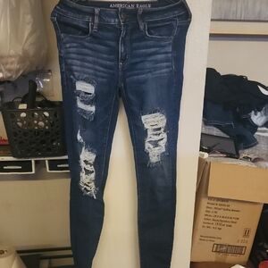 American Eagle Outfitters Women's Dark Blue Ripped Skinny Jeans